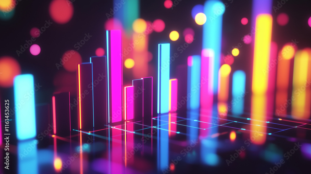 Poster a vibrant, abstract visualization of data using glowing neon bars of varying heights and colors on a