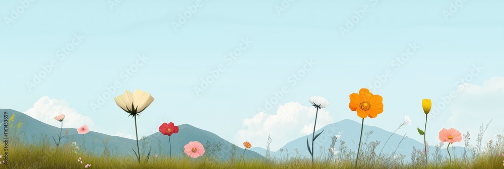 Poster a field of flowers with mountains in the background. the flowers are of various colors and sizes, cr