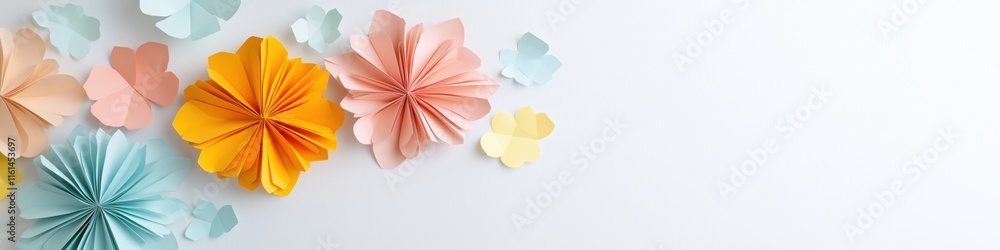 Poster a white background with a bunch of colorful paper flowers. the flowers are in different colors and s