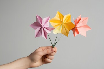 A hand holding three origami flowers in a bouquet. The flowers are pink, yellow, and orange. The bouquet is a creative and colorful way to display the flowers