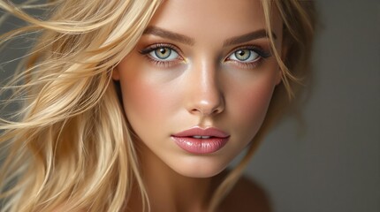 Obraz premium Close up portrait of young woman with long blonde hair and captivating blue eyes radiant complexion and subtle makeup enhance natural beauty