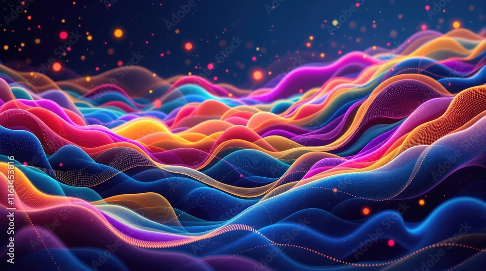 Poster Vibrant colorful abstract waves flowing across dark background illuminated by glowing particles