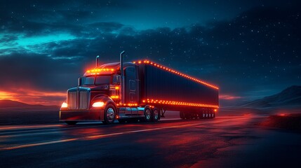 Stunning Nighttime Capture of a Bold Long-Haul Truck Illuminated by Vibrant Orange Lights on a Deserted Highway Under a Starry Sky
