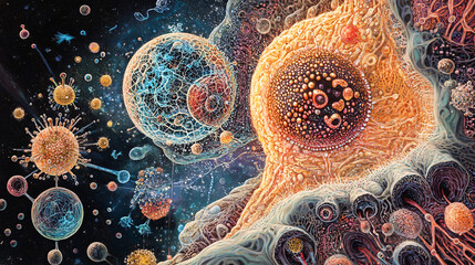 A vibrant surreal illustration of biological cells floating in a cosmic setting featuring glowing organic structures and microscopic details
