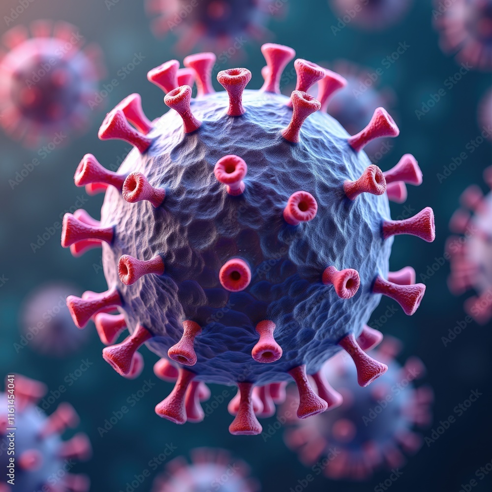Aufkleber Microscopic view of virus particle structure and surface proteins 3D rendering of viral cell