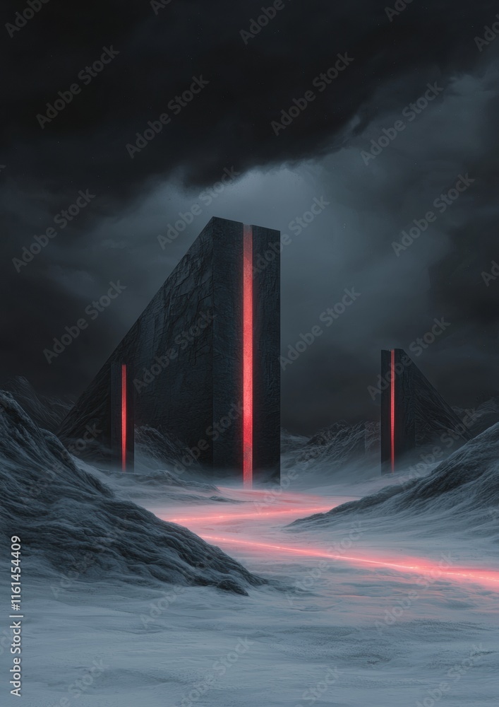 Poster a desolate landscape with three large structures in the distance