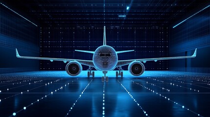 Front view of airplane in a hangar Abstract polygonal wireframe for maintenance and repair concepts Dark blue with glowing particles