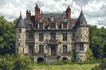 Naklejka premium Majestic Historic Castle with Stone Facade, Intricate Towers, and Lush Greenery Surrounding the Grandeur in a Picturesque Landscape Setting