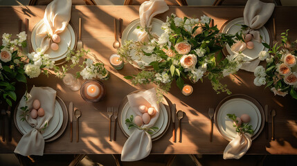 Elegant Easter brunch table setting with pastel colors and floral arrangements.