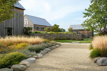 Scenic garden pathway leading to rustic buildings with lush greenery in a serene landscape