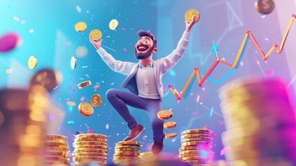 A jubilant man celebrates amidst a shower of gold coins and rising charts, symbolizing cryptocurrency investment success and wealth. He stands atop stacks of coins