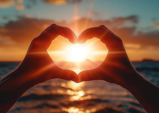 A woman's hands forming a heart shape against a beautiful sunset over the ocean, symbolizing love, peace, and connection. Ideal for romantic and inspirational themes.