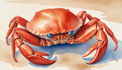 Vibrant watercolor crab with striking blue eyes on sandy background, detailed marine illustration