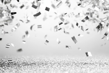 White silver falling foil confetti with glitter dust, perfect for festive designs.