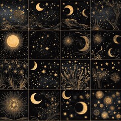 A series of images of the night sky with stars and crescent moons