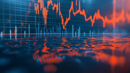 Abstract image depicting a volatile stock market graph with a red, downward trend reflected on a dark, wavy surface. Suggests economic instability and uncertainty