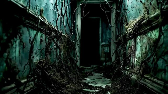 a dark hallway with vines growing up the walls .