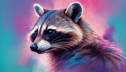 Vibrant digital painting of a raccoon with striking blue and pink background, artistic animal portrait