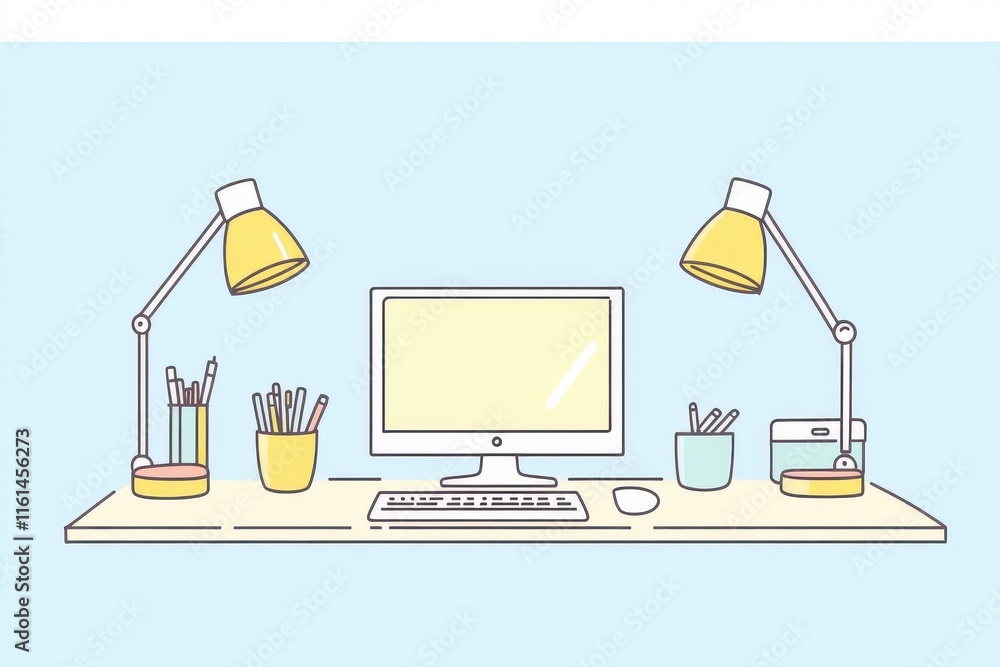 Poster Stylish workspace setup featuring a computer and sleek desk lamps, ideal for productivity.