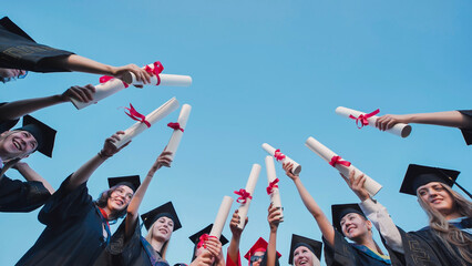 Recent graduates celebrate their achievement by proudly holding up their diplomas
