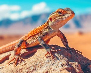 Obraz premium A colorful lizard perched on a rock in a desert landscape.