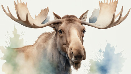 Majestic moose portrait with antlers on soft background, powerful wildlife image