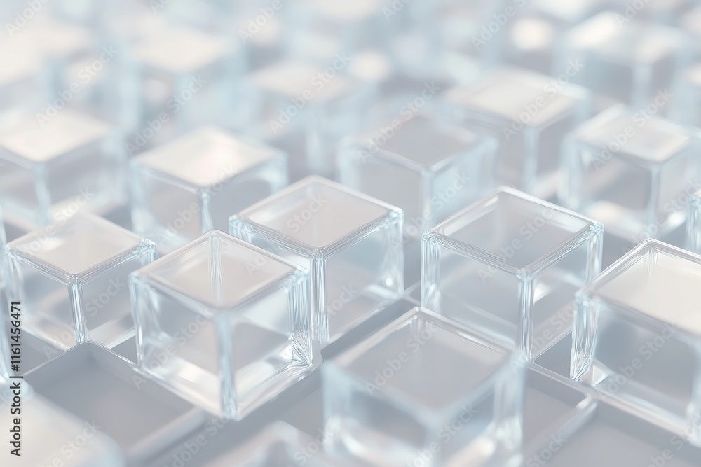 Poster a mesmerizing close-up of transparent glass cubes, creating an abstract and sleek visual pattern.