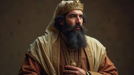 Mordechai, dressed in traditional garments and a regal headdress