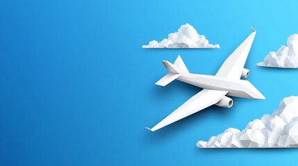 Lowpoly airplane flying in the sky with clouds Vector illustration of modern geometric design