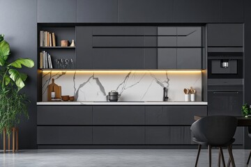 Modern sleek kitchen design featuring black cabinetry and elegant marble accents.