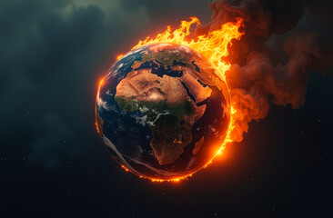 Earth globe on fire with wildfire fire in climate change, the earth is on fire