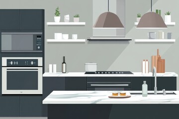 Modern kitchen interior with sleek design and elegant decor, featuring dark cabinets and stylish pendant lights.