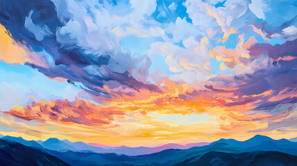 Breathtaking scenic mountainous landscape vibrant sunset hues stunning natural beauty, alpine, blue, clouds, dawn, dusk, exploration, evening, horizon. Reverberate. Illustration