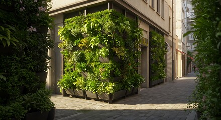 Fototapeta premium Urban building facade with a vibrant green wall. Potted plants and foliage create a vertical garden.