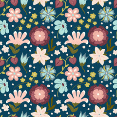 Seamless floral pattern with plants flowers, leaves, twigs. Colorful floral summer background. Vector design for wrapping, fabric, interior decor, textile, print, brochure, label, wallpaper
