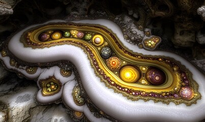 Fototapeta premium Abstract fractal art of a curving, organic form filled with colorful spheres.