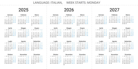 2025, 2026, 2027 italian calendars. Simple editable vector illustration year set for Italy