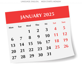 2025 January English calendar. A vector illustration of monthly paper page with shadow