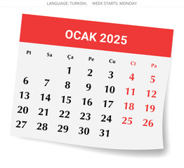 Turkish calendar for January 2025 - takvim ocak. Vector illustration for winter month for Turkey