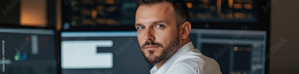Poster a man is standing in front of a computer monitor with a beard. he is wearing a white shirt and he is