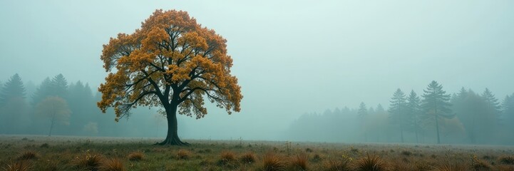 Fototapeta premium A solitary poplar tree stands alone in a misty forest, trees, wilderness