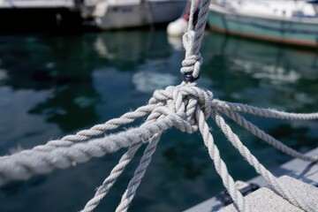 Fototapeta premium Ropes tied to boat mooring at marina
