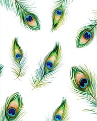 Obraz premium Assorted peacock feathers arranged on a white background, showcasing vibrant colors and intricate patterns.