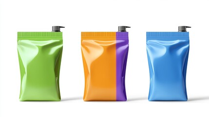 Set of colorful spouted pouches orange yellow green blue purple Doypack packaging mockup for detergent refill or food products