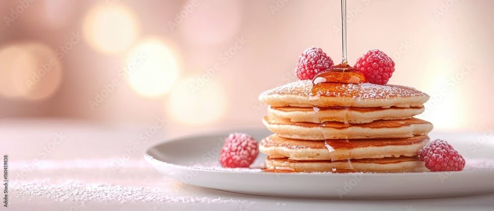 Poster a stack of pancakes with a drizzle of honey and a few raspberries on top