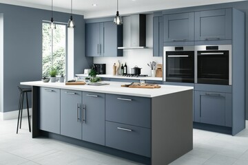 Modern kitchen featuring sleek design with gray tones, complemented by natural light and stylish lighting fixtures.