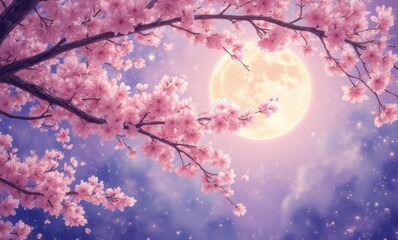 Beautiful cherry blossoms under moonlight