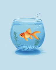 A vibrant goldfish swims gracefully in a round glass bowl filled with clear water and aquatic plants.