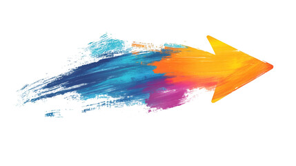 Fototapeta premium Blue, orange, magenta brush strokes forming directional arrow pointing right against transparent background