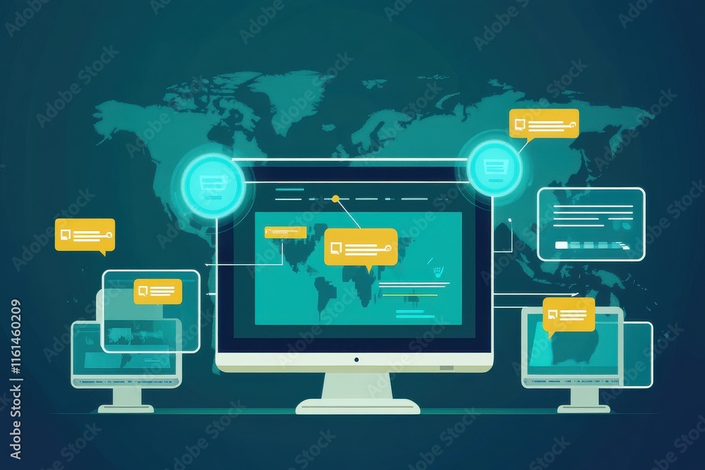 Fototapete a modern digital interface showcasing global connectivity with multiple screens and interactive elem